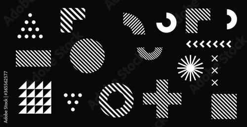 Set of abstract universal geometric elements and shapes for design. Futuristic neo-memphis composition on dark background. Vector illustration.