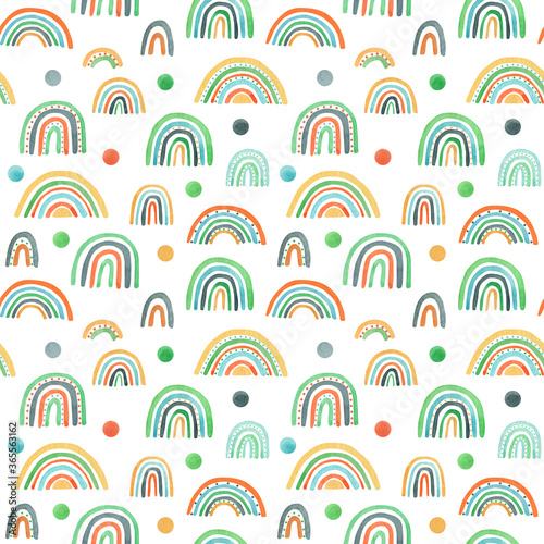 Watercolor nursery raindow seamless pattern. Scandinavian style hand painted rainbows background. Baby shower boy girl rainbow scrapbook paper. Kids fabric design illustration in trendy pastel colors.