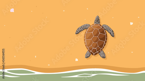 Detailed flat vector illustration of a turtle laying eggs on a beach. World Turtle Day.