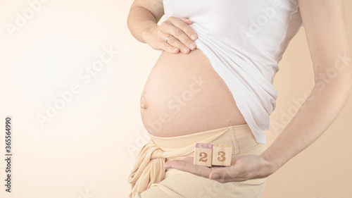 Pregnant young woman with pregnancy week number next to her belly. Photos of belly growth at 23 weeks pregnancy. Healthy pregnancy diet and fetal development. photo