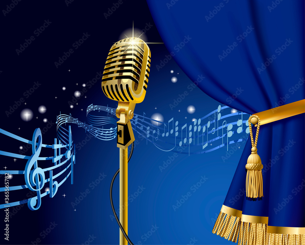 Gold retro microphone on the starry space background with flying ...