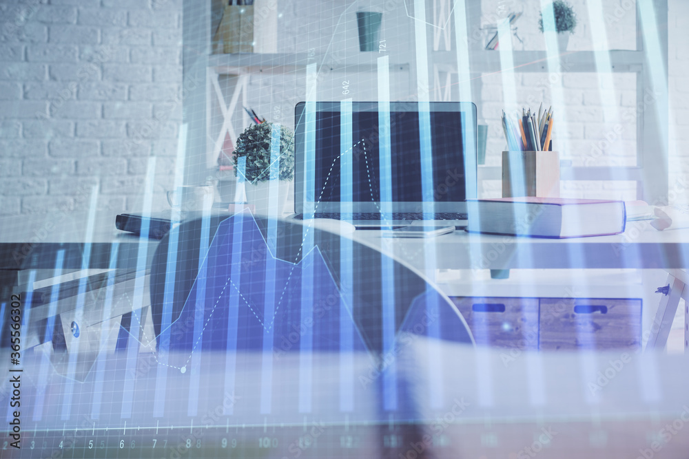 Double exposure of financial graph drawing and office interior background. Concept of stock market. Double exposure of financial graph drawing and office interior background. Concept of stock market.