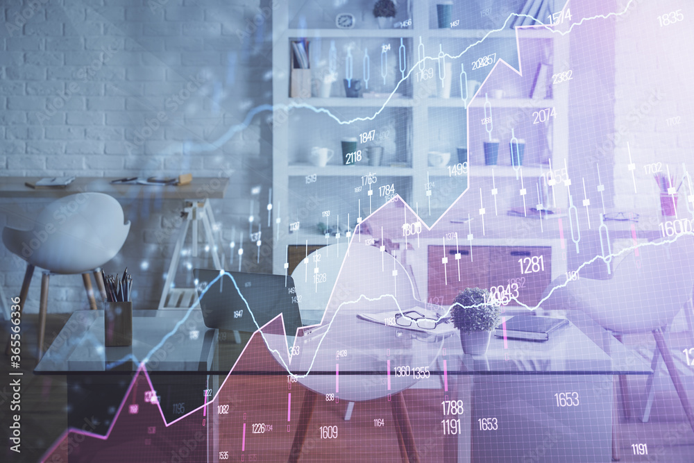 Double exposure of financial graph drawing and office interior background. Concept of stock market.