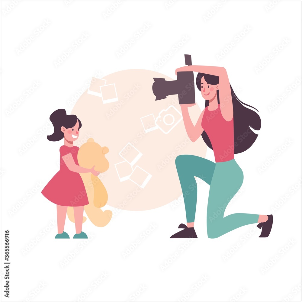 Mother photographs her little daughter with a teddy bear. A woman photographs a child on a camera with a flash. Cartoon characters young girl with a child. Vector, flat style, isolated. Mother photographs her little daughter with a teddy bear. A woman photographs a child on a camera with a flash. Cartoon characters young girl with a child. Vector, flat style, isolated.