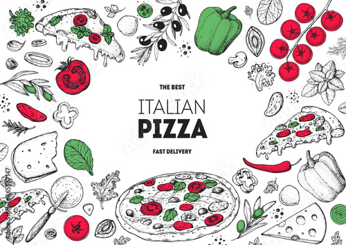 Italian pizza and ingredients. Italian food menu design template. Pizzeria menu design template. Vintage hand drawn sketch vector illustration. Engraved image.