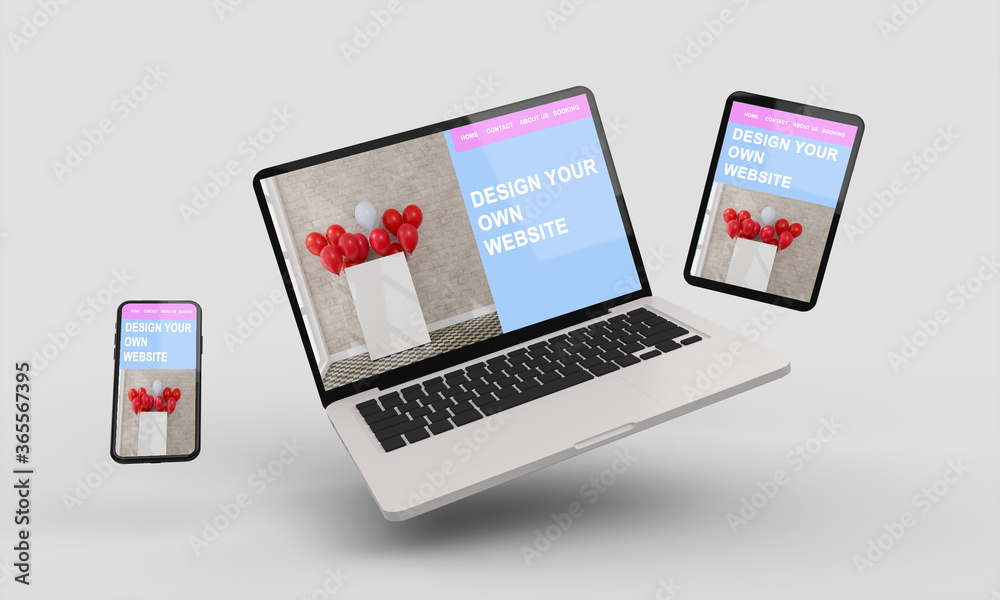 Flying laptop, mobile and tablet 3d rendering showing responsive web design .3d illustration