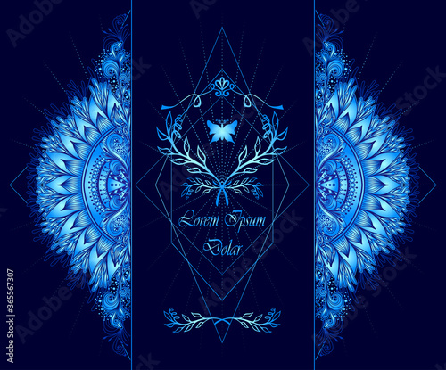 Template of deign  of Abstract decorative element in Boho Eastern  Ethnic style  or  Mandala  in blue for advertising  cosmetic or perfume or  hygiene products or tea