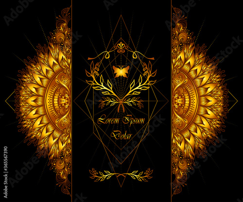 Template of deign  of Abstract decorative element in Boho Eastern  Ethnic style  or  Mandala  in gold for advertising  cosmetic or perfume or  hygiene products or tea