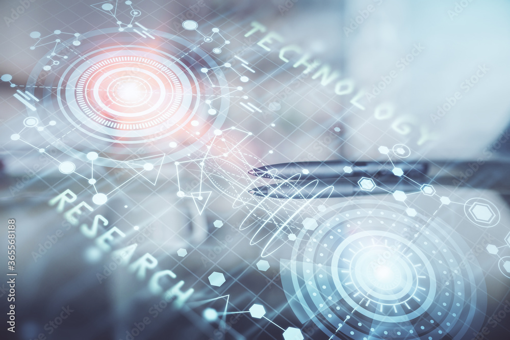 Double exposure of Ai data theme drawing over coffee cup background in office. Double exposure of Ai data theme drawing over coffee cup background in office.