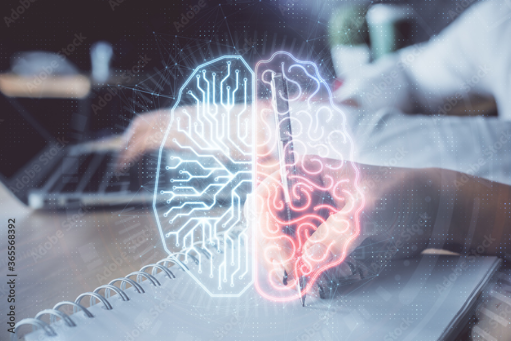 Obraz premium Double exposure of brain drawing over people taking notes background. Concept of Ai