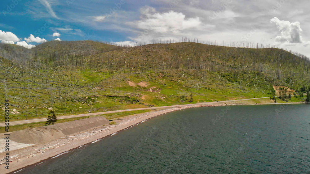 Hills in front of Yellowstone Lake, Wyoming, USA Hills in front of Yellowstone Lake, Wyoming, USA