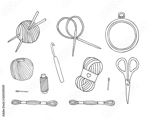 Vector set bundle of hand drawn doodle sketch sew embroidery and knitting equipment isolated on white background
