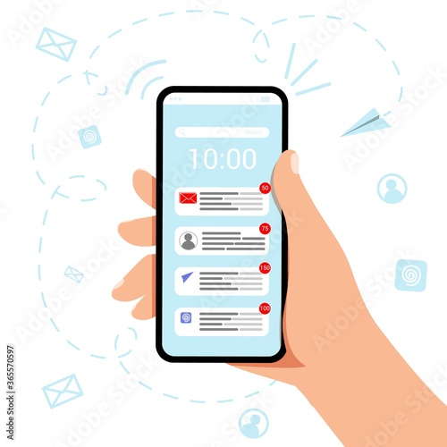 Hand holding mobile phone with new email icon. Chat message notifications Chatting, sms concept and communication Vector illustration concept