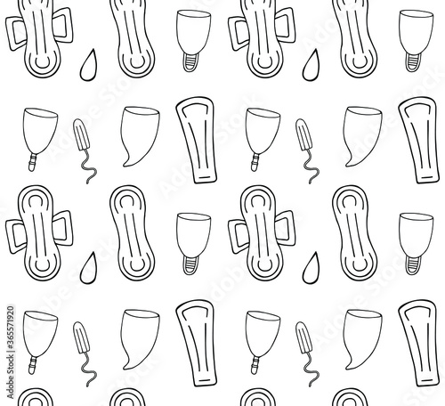 Vector seamless pattern of different hand drawn doodle sketch menstrual pad tampon and cup isolated on white background