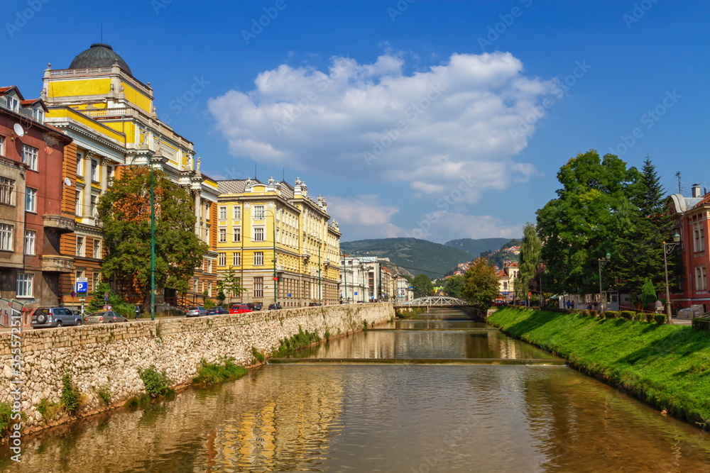 Miljacka river in Sarajevo by day, Bosnia and Herzegovina