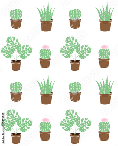 Vector seamless pattern of different colored hand drawn doodle sketch monstera plant and cactus in pots isolated on white background