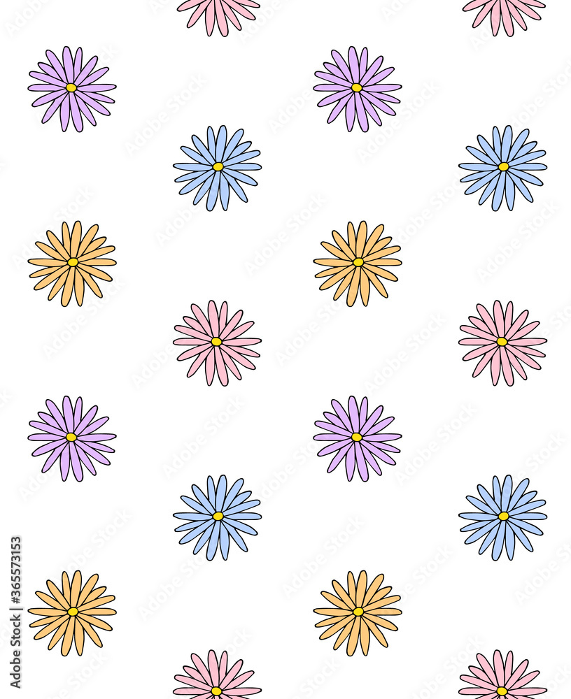 Vector seamless pattern of different colored hand drawn doodle sketch chamomile flower isolated on white background