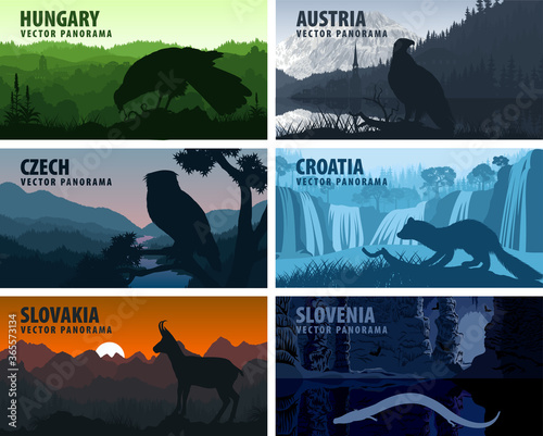 Vector set of European countries illustrations - Austria, Croatia, Slovenia, Czech Republic, Slovakia, Hungary with animals