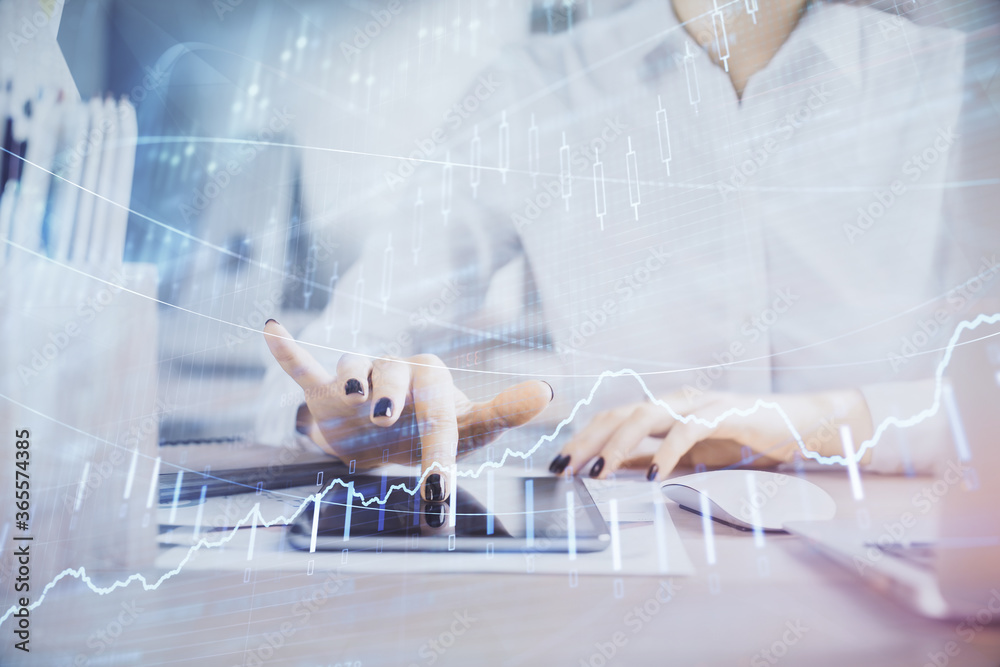 Double exposure of forex chart sketch hologram and woman holding and using a mobile device. Financial market concept. Double exposure of forex chart sketch hologram and woman holding and using a mobile device. Financial market concept.