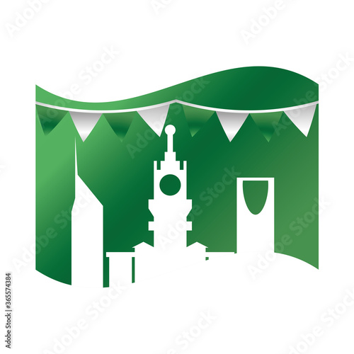 saudi arabia national day, green silhouette city flag pennants gradient style icon
