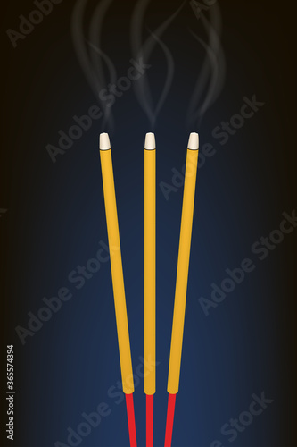 Chinese Incense and smoke on Dark background. Graphic vector