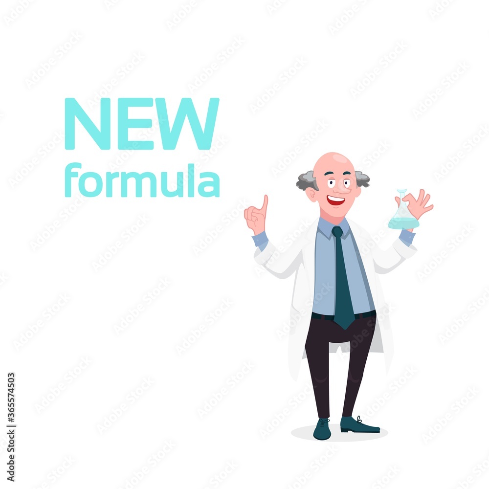 new formula, Scientist chemist holding a retort, cartoon, vector illustration new formula, Scientist chemist holding a retort, cartoon, vector illustration