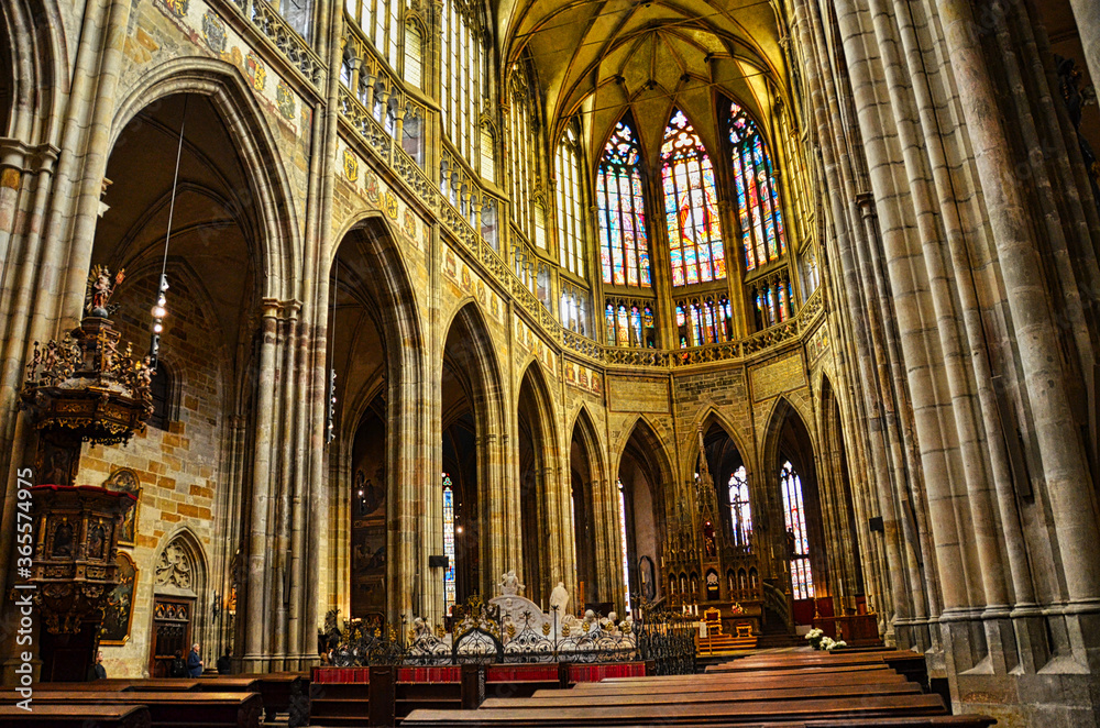 Interior of the Stained Glass Windows and Stone Cathedral of St Vitus in Prague