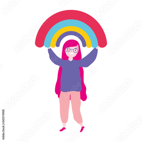 pride parade lgbt community, woman holding rainbow celebration cartoon