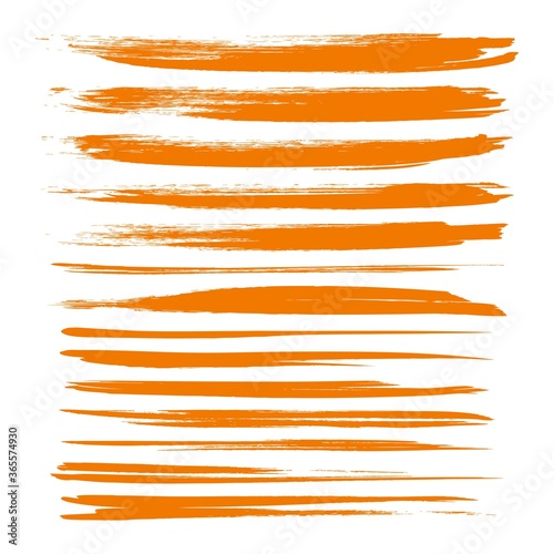 Orange textured long dry paint strokes set isolated on white backckground