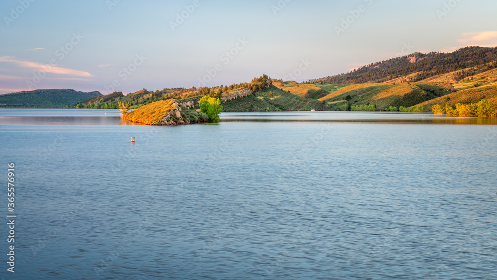Horsetooth Reservoir in northern Colorado, a popular boating and recreation destination in Fort Collins area, summer morning scenery
