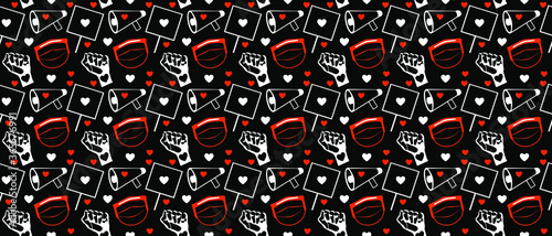 seamless pattern, protest elements like raised fist, banners and megaphones, vector illustration