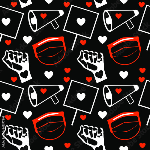seamless pattern, protest elements like raised fist, banners and megaphones, vector illustration