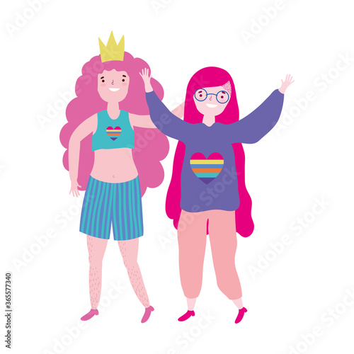 pride parade lgbt community, two women character with crown celebration