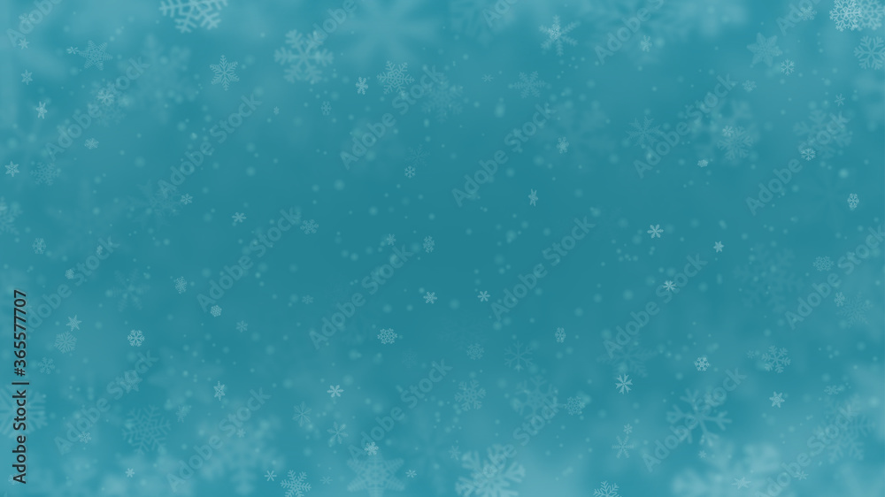 Fototapeta premium Christmas background of snowflakes of different shapes, sizes, blur and transparency in light blue colors