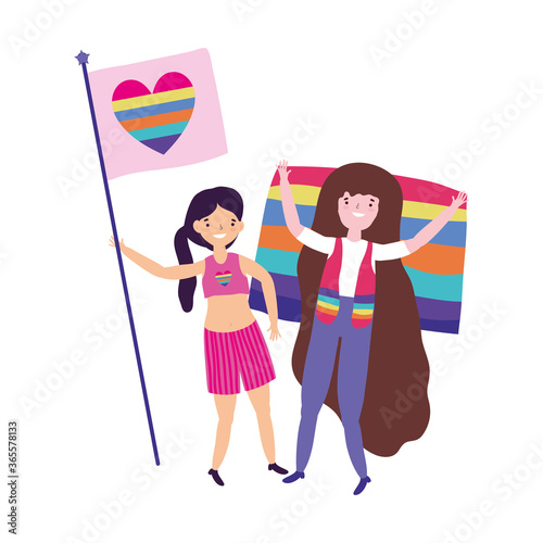 pride parade lgbt community, girls with flag love heart rainbow decoration
