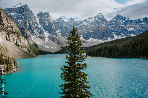 Breathtaking view of turquoise water of Moraine Lake, tourist popular attraction/destination in Canadian Rockies, Banff National Park, Alberta, Canada