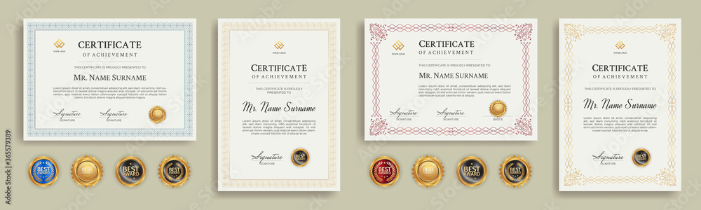 Diploma certificate border template set with badges for award, business, and education
