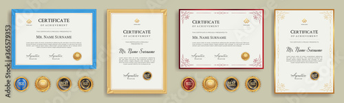 Diploma certificate border template set with badges for award, business, and education