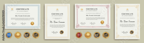 Diploma certificate border template set with badges for award, business, and education photo