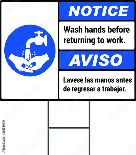 Notice for wash your hand before returning to work. Social Awareness  vector yard sign design template English & Spanish language.Wash hands Maintain social distancing