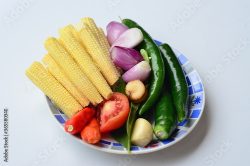 chilli onion corn and tomatto, ingredients for Indoensian food photo