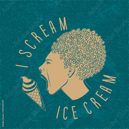 I Scream Ice Cream Inverted Logo Lettering with Shouting Woman Face Profile Hot Summer Cure Creative Concept - Gold Elements on Turquoise Paper Background - Hand Drawn Design