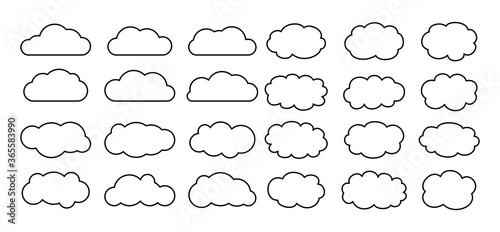 Cloud set. Line flat cartoon style. Abstract contour cloudy sketch collection. Label, symbol, shape different clouds sky. Nature weather elements. Isolated vector illustration