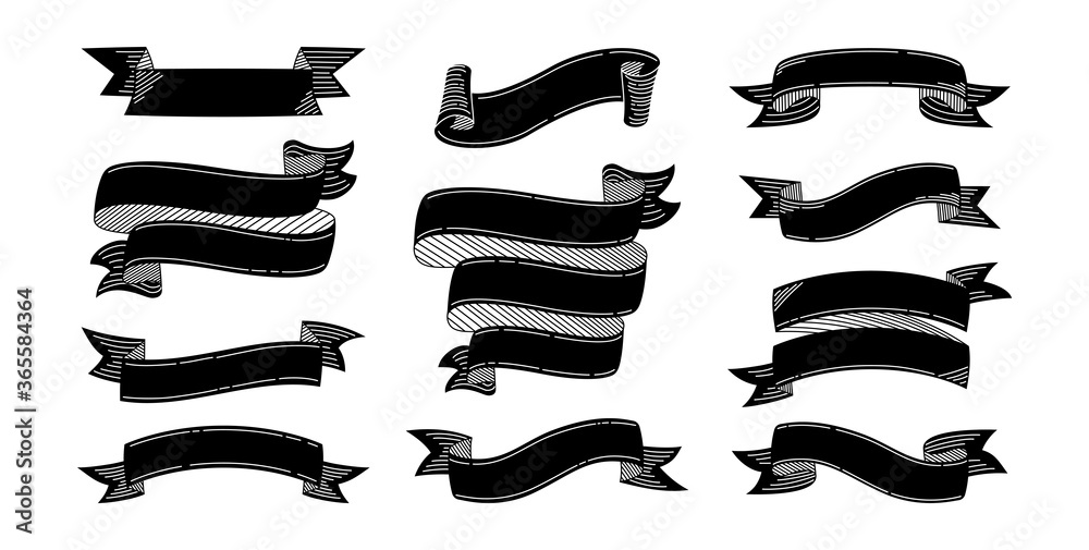 Ribbon doodle set. Black engraving hand drawn ribbons, sketch cartoon collection. Tape blank for greeting cards, banners invitations. Web icon kit of text banner tapes. Isolated vector illustration