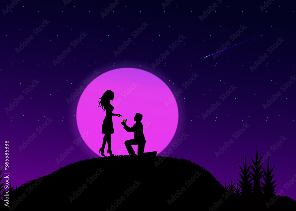 Illustration abstraction of Silhouette couple man down on knee proposing to woman with sunset night sky background vector concept isolated 