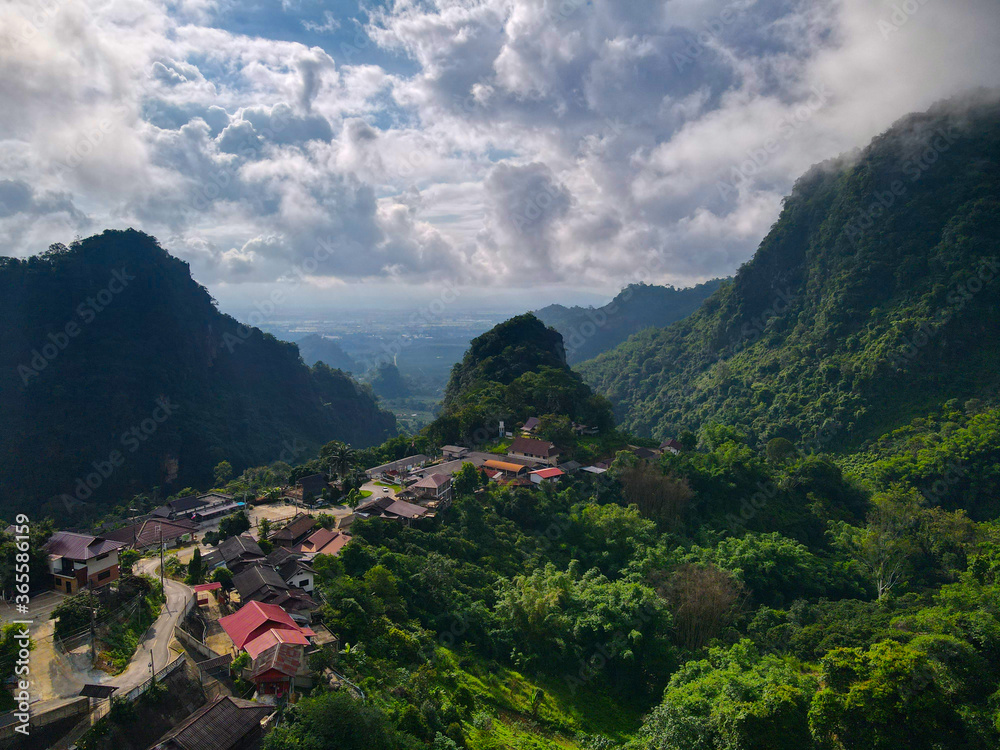 Naklejka premium Aerial Image of the hill tribe village Baan Pha Mee, located in the Nang Noon Mountain Range of Chiang Rai's Mae Sai Dirstrict, close to the Myanmar Border
