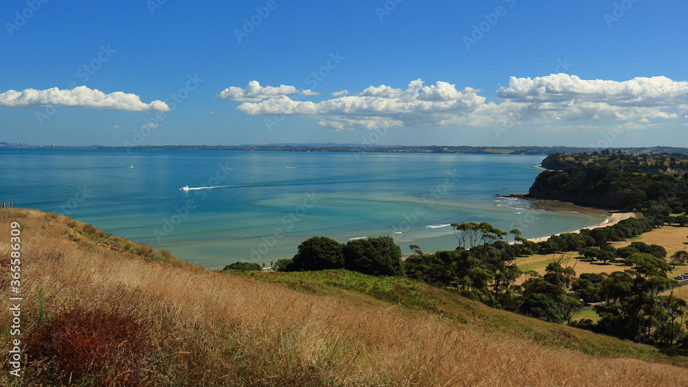 Scenic view of Shakespear Regional Park and Te Haruhi Bay in the Hauraki Gulf, from Whangaparaoa Peninsula, Auckland, New Zealand Scenic view of Shakespear Regional Park and Te Haruhi Bay in the Hauraki Gulf, from Whangaparaoa Peninsula, Auckland, New Zealand