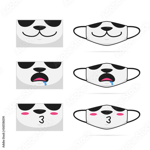 Cute panda animal cartoon mouth face mask set design vector illustration