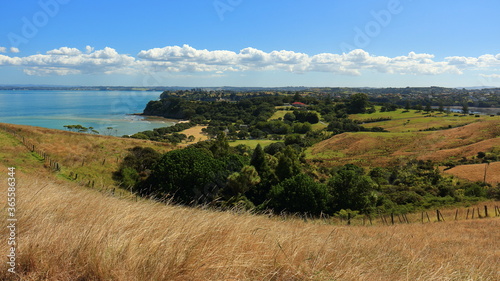 Scenic view of Shakespear Regional Park and Te Haruhi Bay in the Hauraki Gulf  from Whangaparaoa Peninsula  Auckland  New Zealand