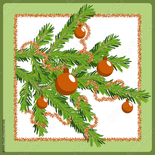 Christmas card with christmas tree branches decorated with copper balls and tinsel glare. Winter holiday, New Year, Xmas card